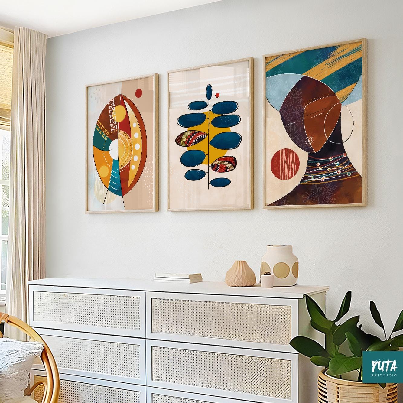 Set of 3 modern African American prints – abstract women art for bold and stylish ethnic interiors.