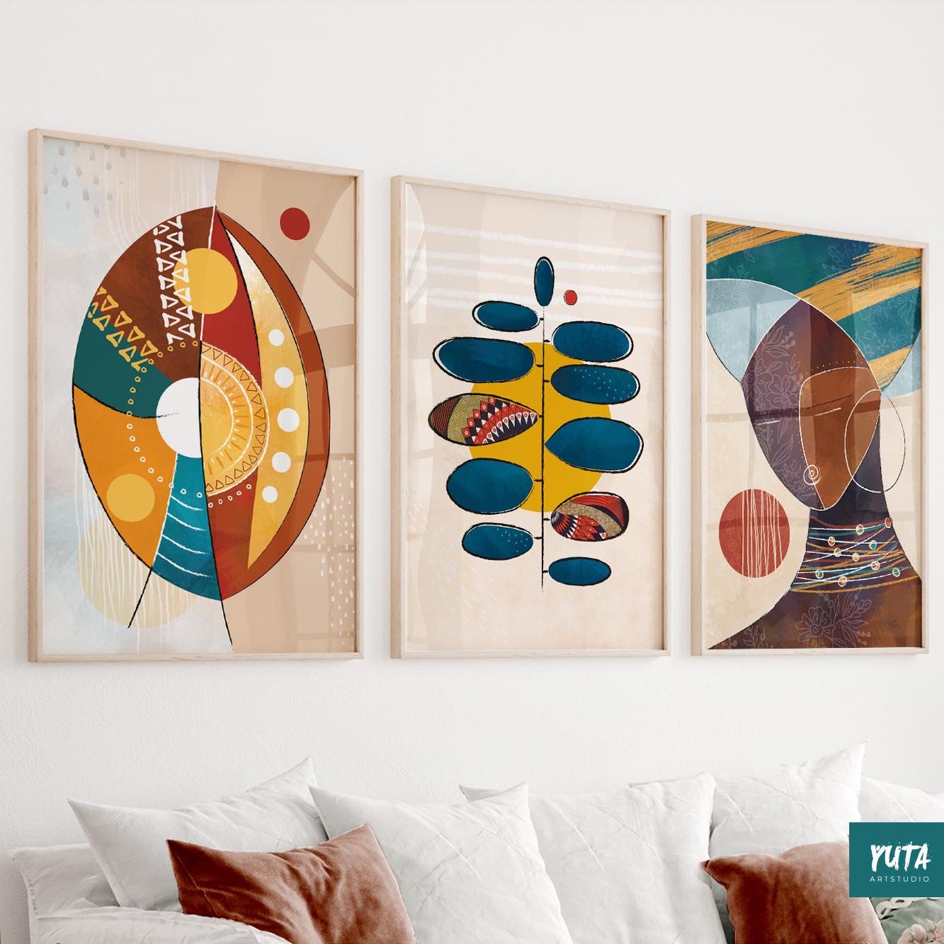 Set of 3 African abstract female prints – contemporary wall art for bold and artistic spaces.