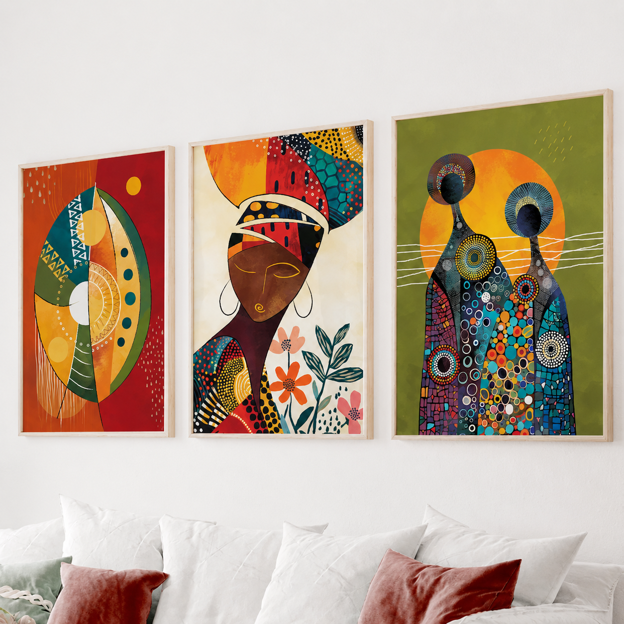 Set of three African Modern wall art prints above a white sofa in a bright contemporary living room.