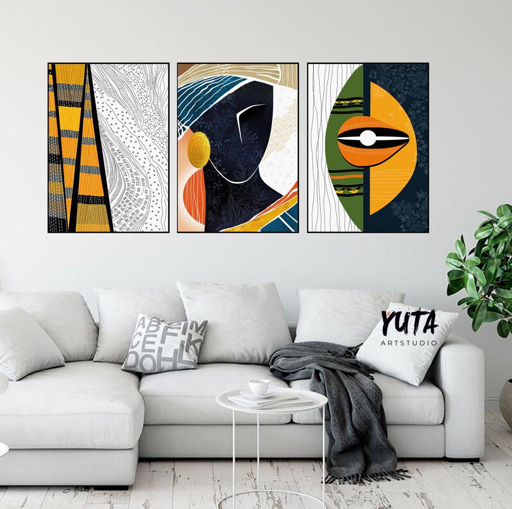 African modern wall art set featuring tribal patterns, abstract portraits and geometric ethnic motifs in contemporary colors