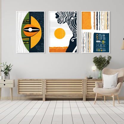 African modern wall art set featuring tribal symbols, abstract portraits and geometric ethnic patterns in orange and navy blue tones