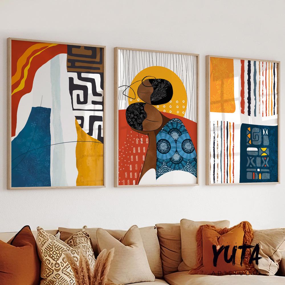 African modern wall art set featuring abstract tribal artwork, contemporary African portrait and geometric ethnic patterns in warm earthy colors