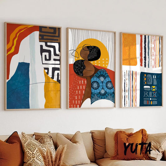 African modern wall art set featuring abstract tribal artwork, contemporary African portrait and geometric ethnic patterns in warm earthy colors