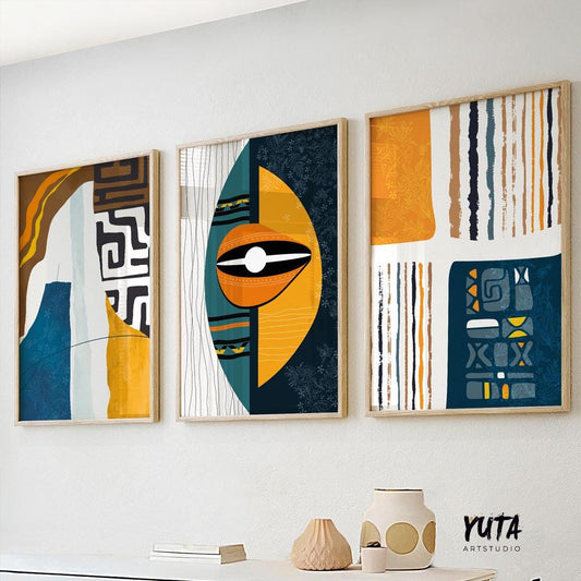 Modern African American abstract wall art set of 3 prints with colorful tribal ornaments, perfect for above bed or living room gallery wall decor.