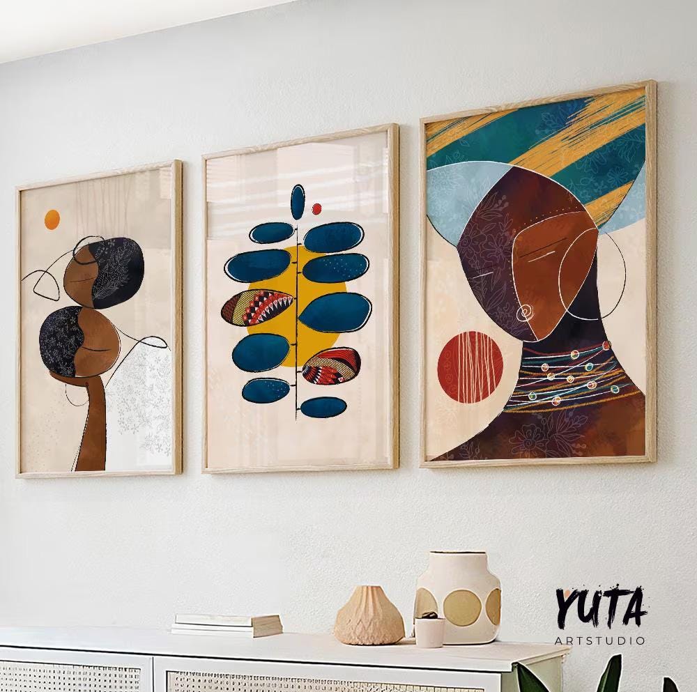 Colorful African American art set of 3 abstract prints featuring a black couple in modern ethnic style for bedroom and living room wall decor.