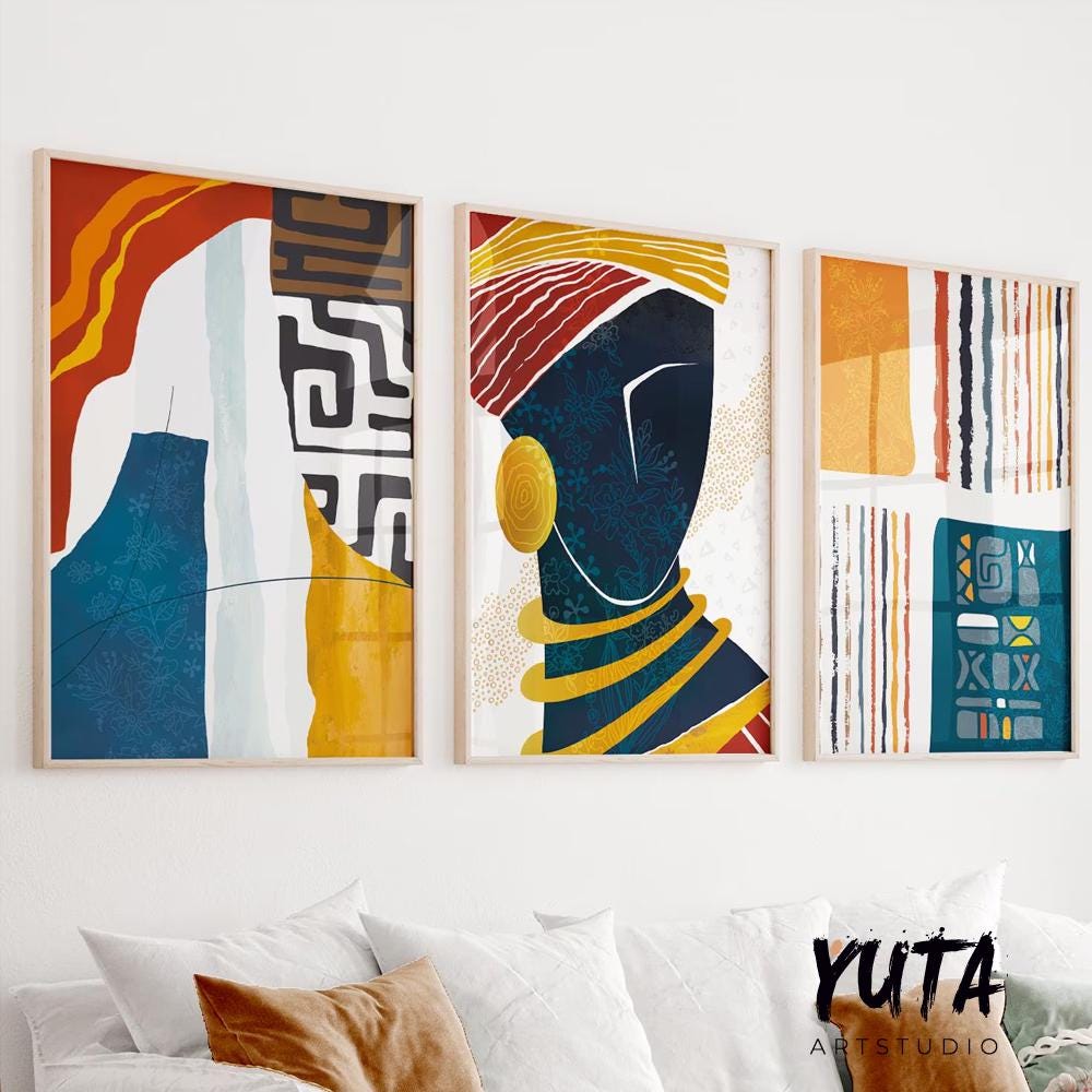 Afrocentric abstract wall art set of 3 prints, colorful modern African American portraits, black woman wall decor.
