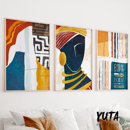 Afrocentric abstract wall art set of 3 prints, colorful modern African American portraits, black woman wall decor.