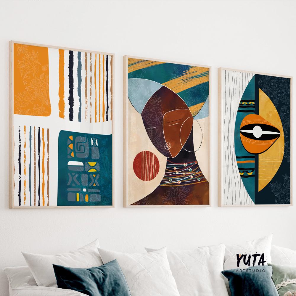 Set of 3 modern African American abstract art prints with colorful tribal ornament patterns, minimalist wall decor for bright eclectic spaces.
