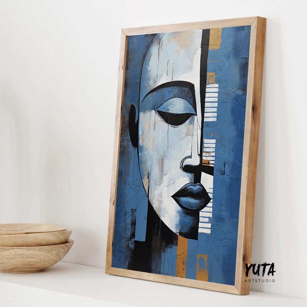 Modern navy blue grey abstract painting print. Contemporary african american art. Abstract woman portrait, minimalist living room decor