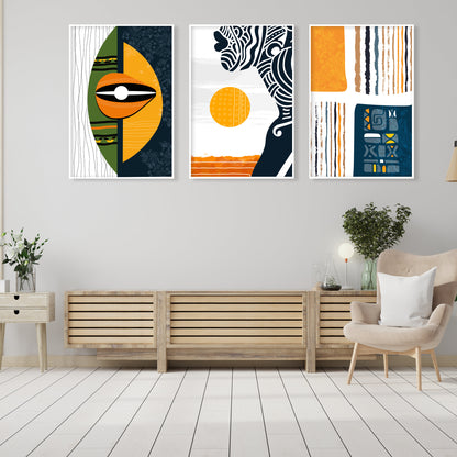 African portrait wall art set featuring stylized facial silhouettes and traditional inspired tribal motifs