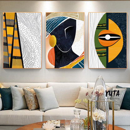 African wall art gallery set showcasing cultural symbols, abstract facial forms and traditional tribal design elements