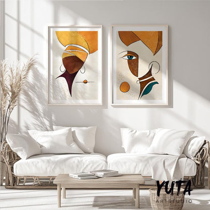 Set of 2 modern african american art print. Black woman portrait. African girl faces painting, abstract minimalist posters