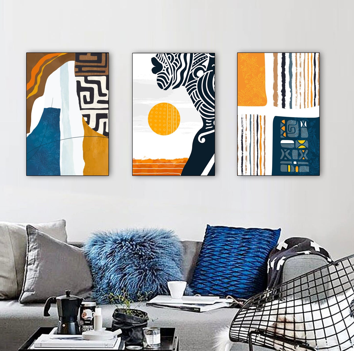 Minimalist African American art set of 3 prints, abstract women portraits in bold colors, perfect for boho chic, eclectic, or modern apartment wall art.