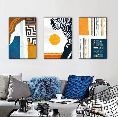 Minimalist African American art set of 3 prints, abstract women portraits in bold colors, perfect for boho chic, eclectic, or modern apartment wall art.
