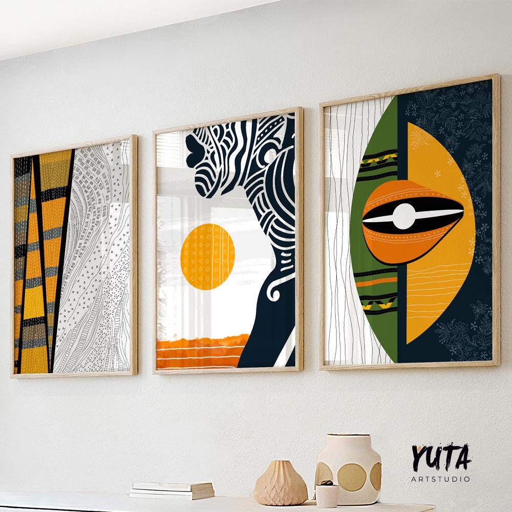 African american art set of 3 print. Abstract black woman gallery wall set. Modern colorful minimalist african wall art, housewarming gift