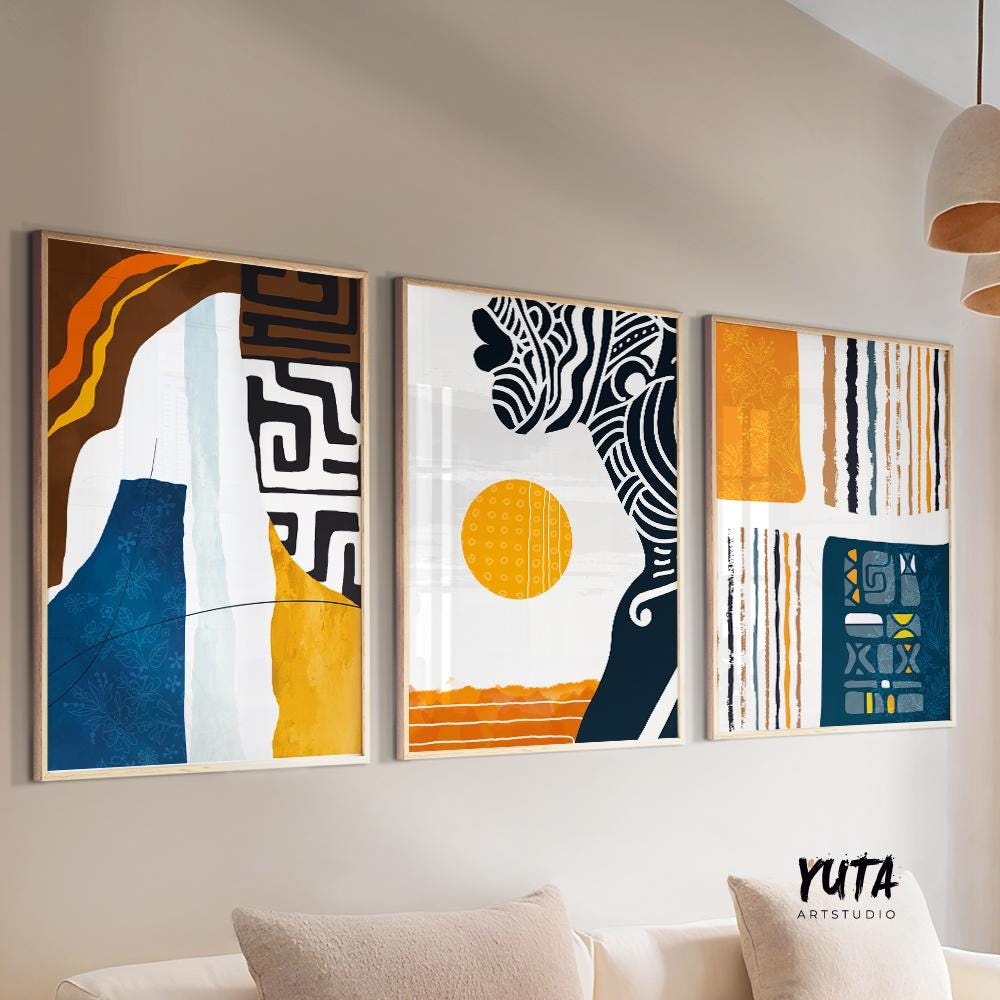 Set of 3 modern African wall art prints, colorful abstract black woman portraits, bold ethnic art for living room decor.