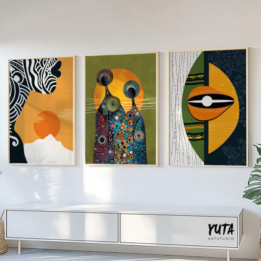African wall art set with tribal inspired figures, abstract portrait prints and modern ethnic home decor