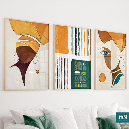 Set of 3 minimalist abstract prints – modern Black woman portraits in Afrocentric wall art style.