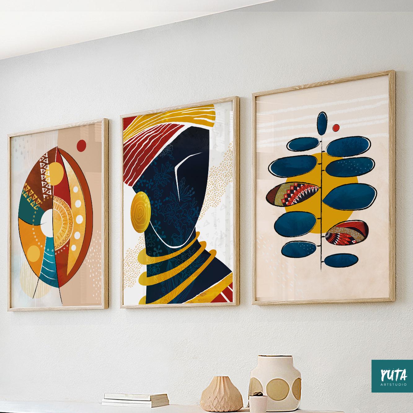 Modern African American wall art – Black woman abstract set of 3 prints for bold interiors.
