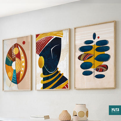Modern African American wall art – Black woman abstract set of 3 prints for bold interiors.