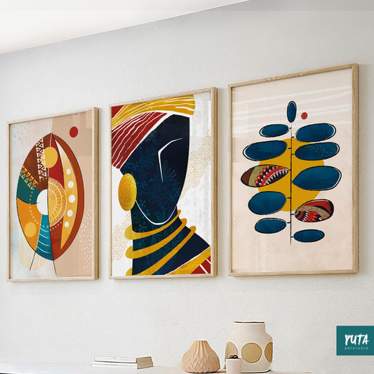 Modern African American wall art – Black woman abstract set of 3 prints for bold interiors.