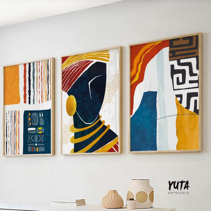 Minimalist African American wall art set of 3 with abstract black woman paintings, perfect for ethnic boho gallery wall decorations.
