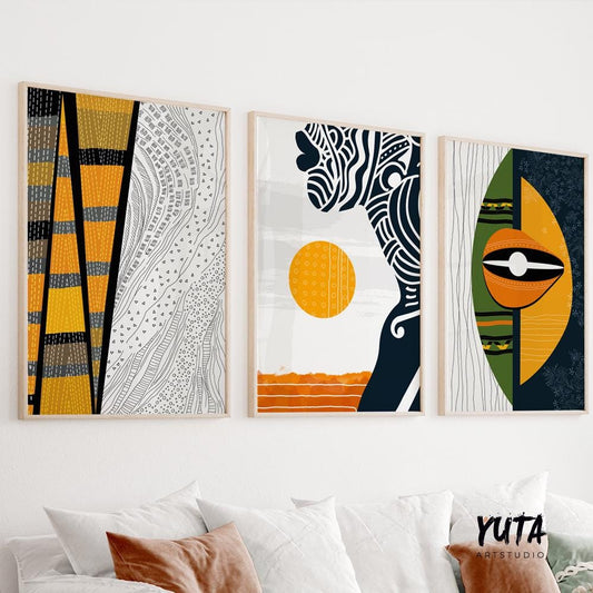 African american art set of 3 print. Abstract black woman gallery wall set. Modern colorful minimalist african wall art, housewarming gift