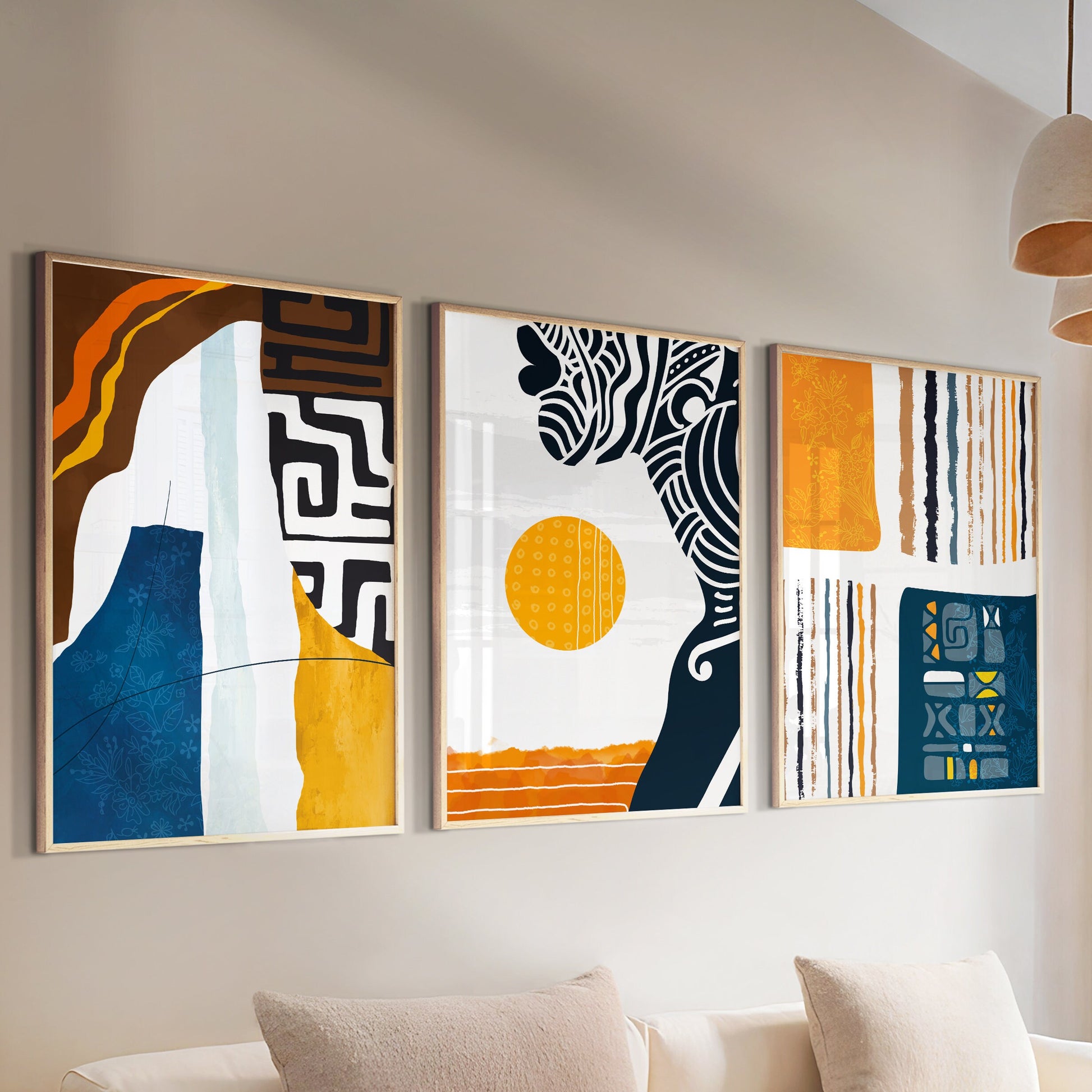 Contemporary abstract African American wall art prints, colorful black woman artwork set of 3 for stylish ethnic gallery wall display.