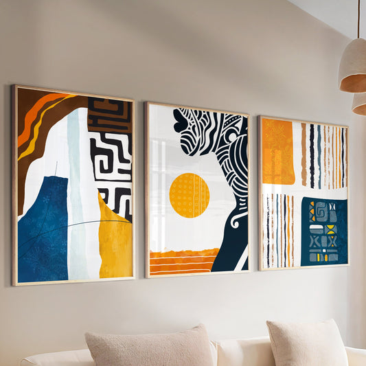 Contemporary abstract African American wall art prints, colorful black woman artwork set of 3 for stylish ethnic gallery wall display.