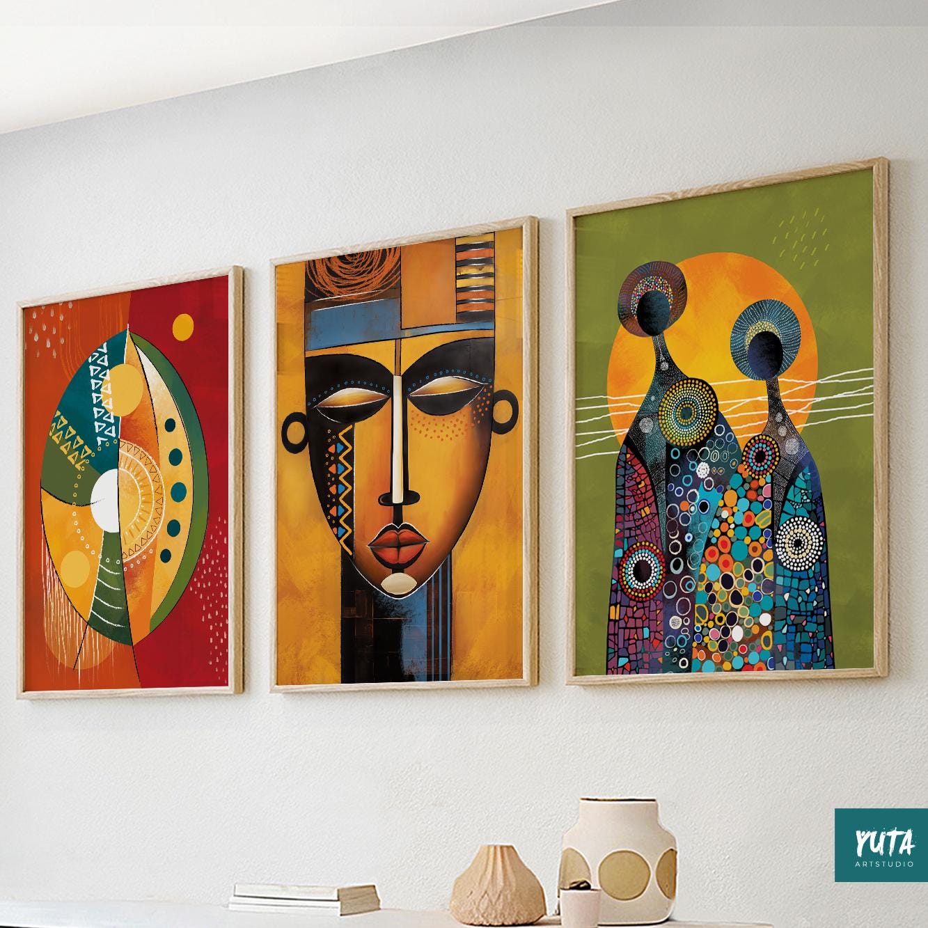 Bold African American wall art set of 3 – colorful abstract portraits for Afrocentric above bed decor.