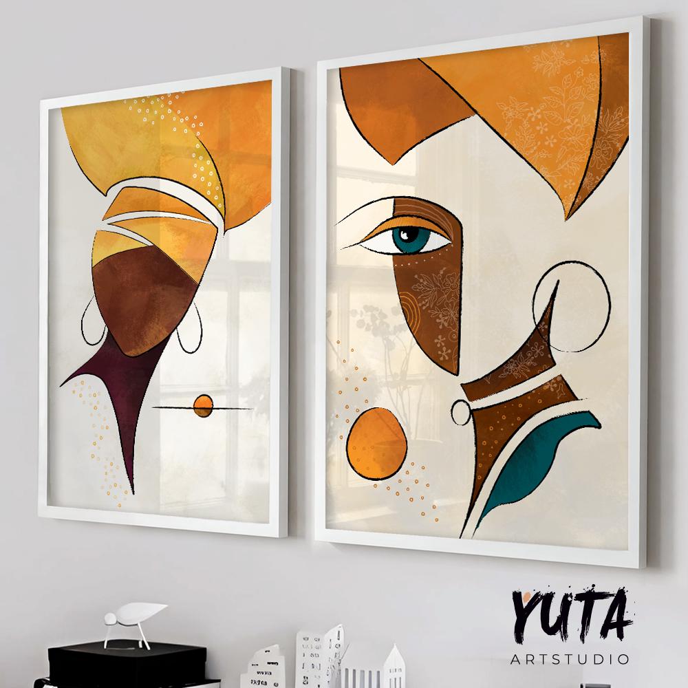 Set of 2 modern african american art print. Black woman portrait. African girl faces painting, abstract minimalist posters