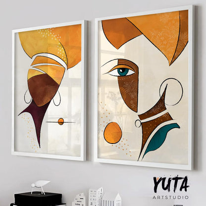 Set of 2 modern african american art print. Black woman portrait. African girl faces painting, abstract minimalist posters