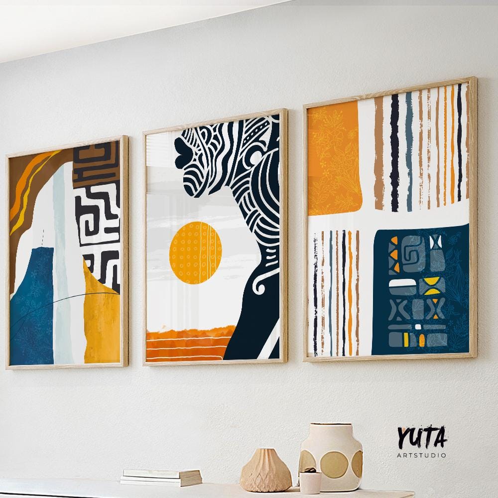 Contemporary African American wall art set of 3, vibrant colorful abstract female portraits, Afrocentric gallery wall.