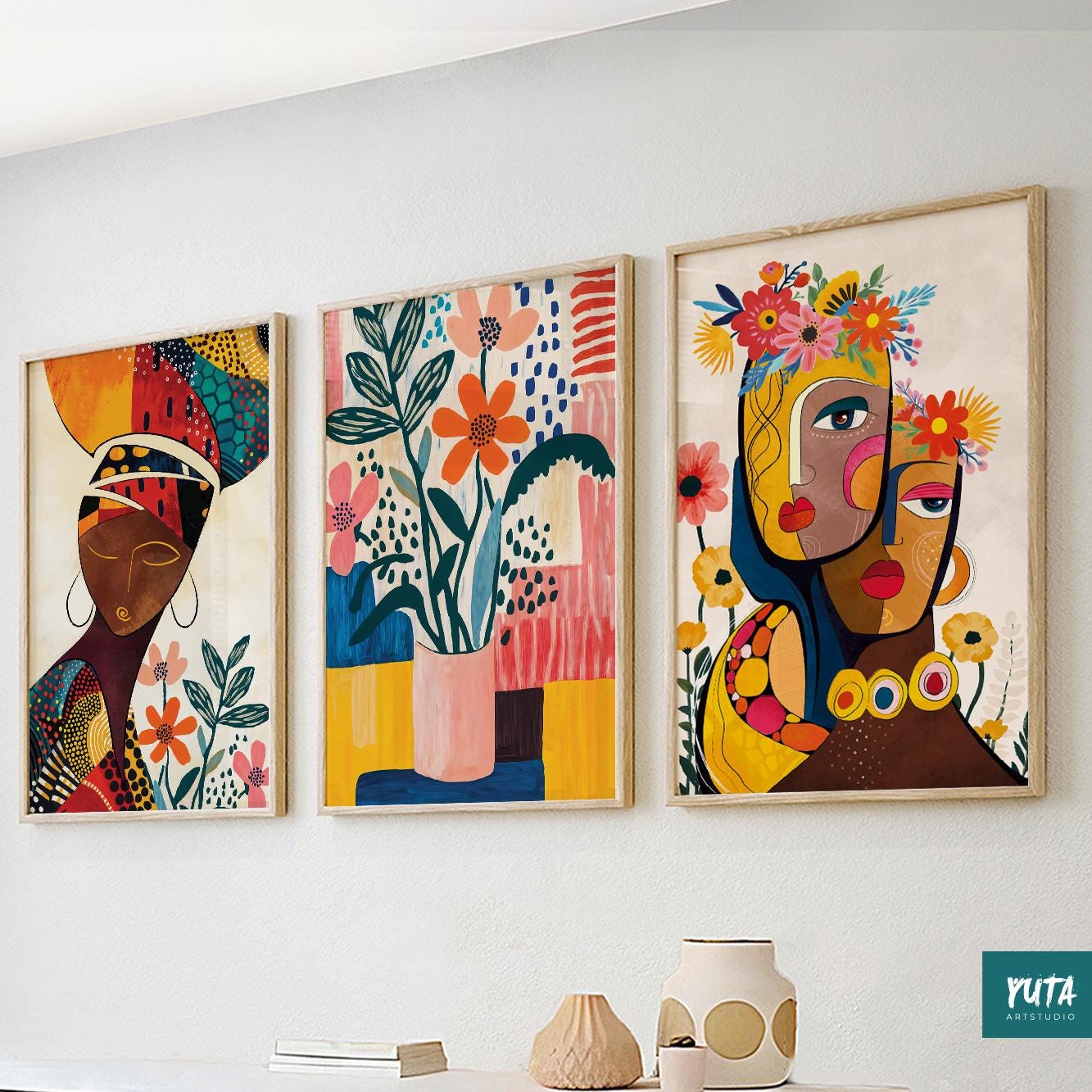 Modern minimalist African portraits – abstract wall art set featuring strong feminine energy.