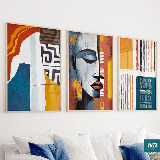 Bold abstract people prints – minimalist African women portrait set in earthy modern tones.