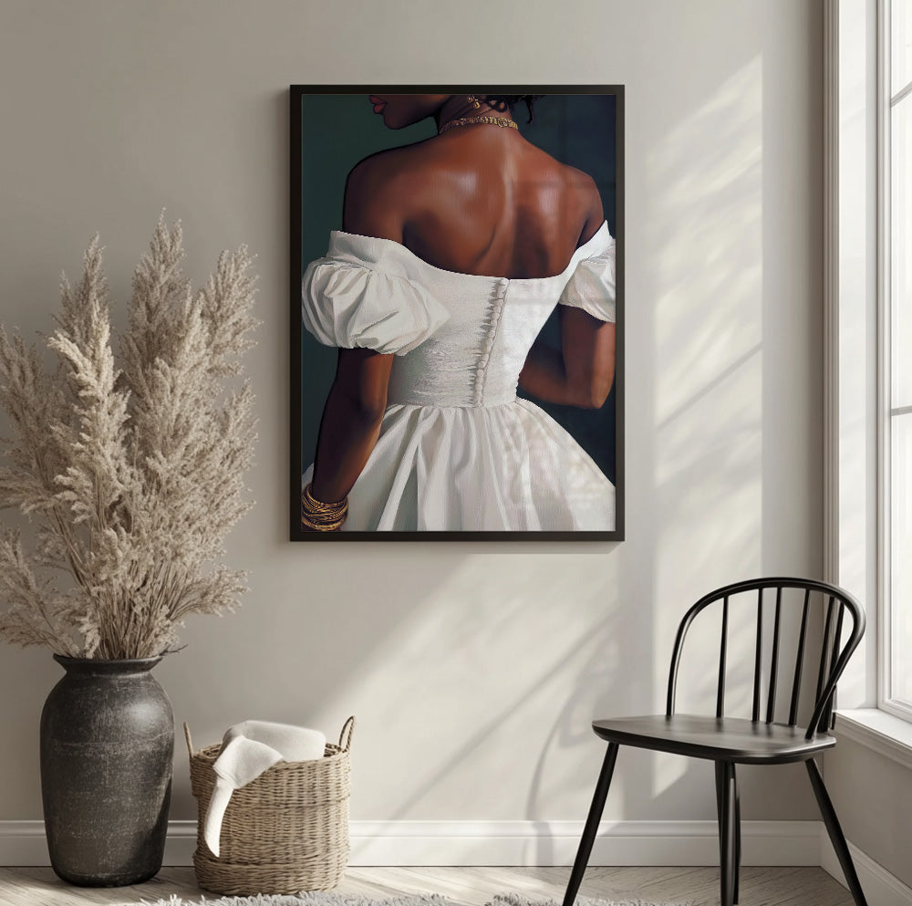African woman elegant portrait art featuring a graceful back view in a fitted white gown