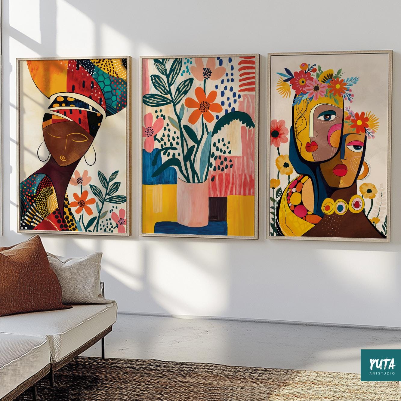 Set of 3 minimalist abstract prints – modern Black woman portraits in Afrocentric wall art style.