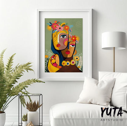 Colorful abstract woman portrait. Modern  african american art print, black women poster, aesthetic room decor, Living room wall art