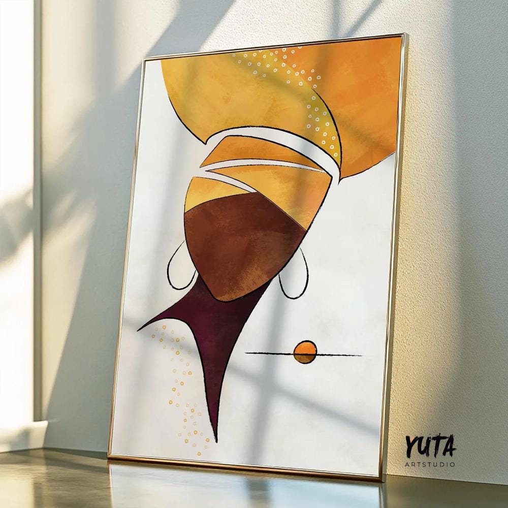 Minimalist black woman artwork with African-inspired geometric shapes.