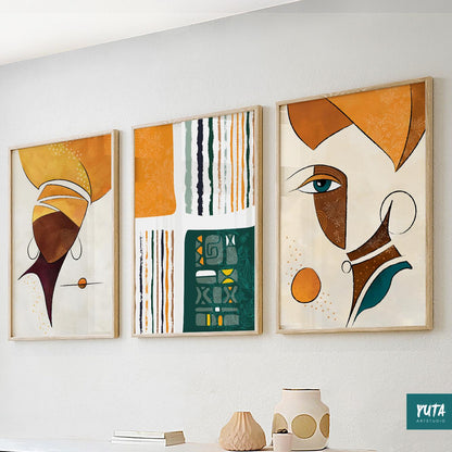 Minimal abstract people art – African American female portrait set for modern wall styling.
