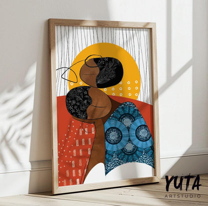 Abstract tribal black woman portrait. Bright modern african american art, girl faces minimalist print, above bed decor, aesthetic room decor