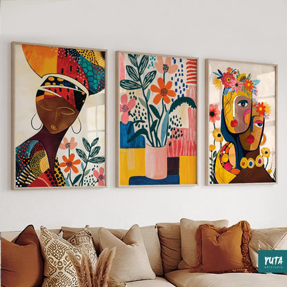 Minimal abstract people art – African American female portrait set for modern wall styling.