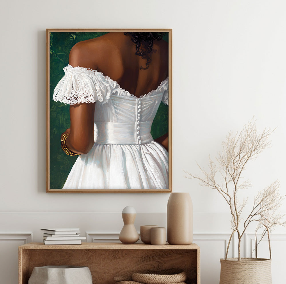 African woman white dress wall art featuring rich brown skin and an elegant feminine silhouette