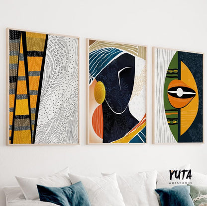 African american art set of 3 print. Modern colorful abstract large gallery wall set. Contemporary black woman portrait aesthetic room decor