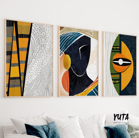 African american art set of 3 print. Modern colorful abstract large gallery wall set. Contemporary black woman portrait aesthetic room decor
