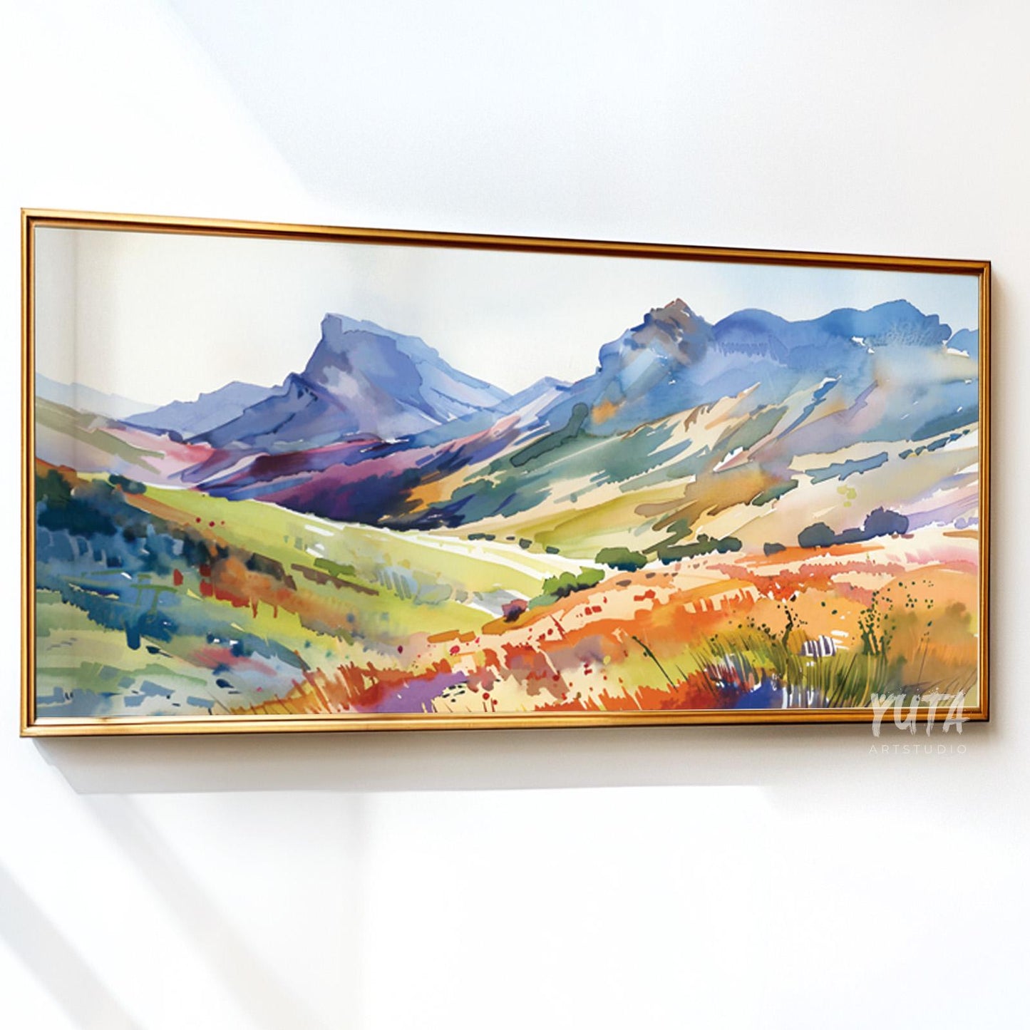 Alpine landscape wall art featuring colorful mountain peaks and expressive watercolor countryside scenery