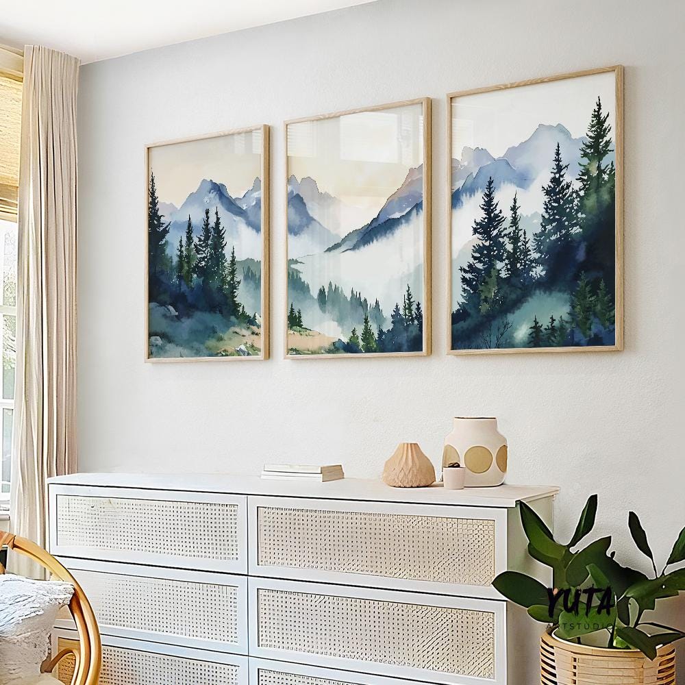 Alpine landscape wall art featuring watercolor mountains, evergreen forests and serene nature inspired scenery