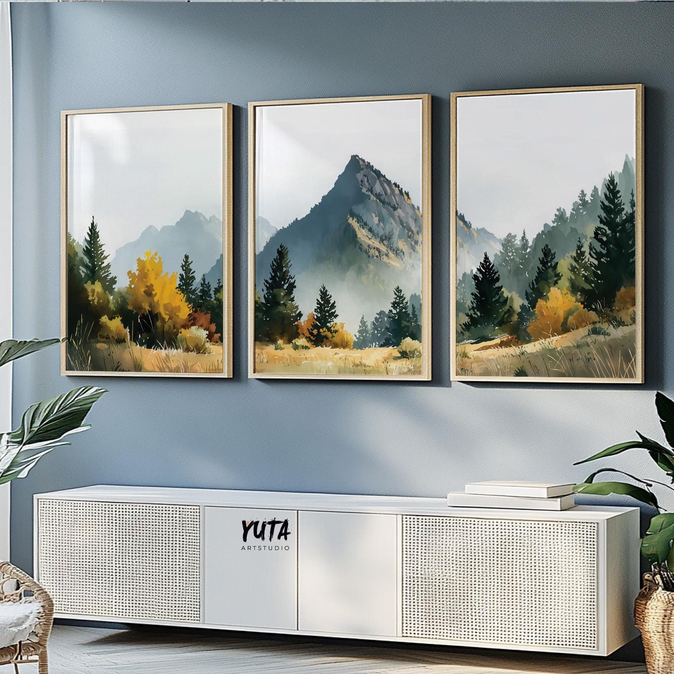 Alpine landscape wall art featuring mountain peaks, evergreen forests and natural wilderness beauty