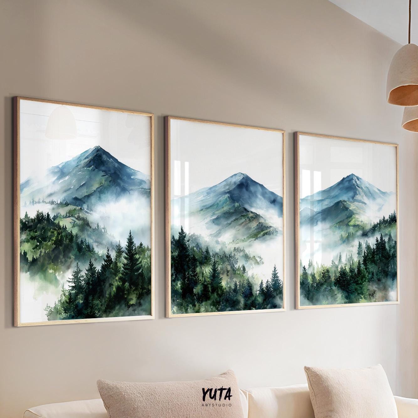 Alpine mountain wall art featuring watercolor peaks, evergreen forests and soft misty atmosphere