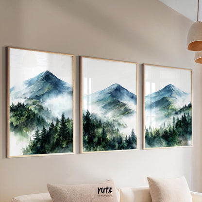 Alpine mountain wall art featuring watercolor peaks, evergreen forests and soft misty atmosphere